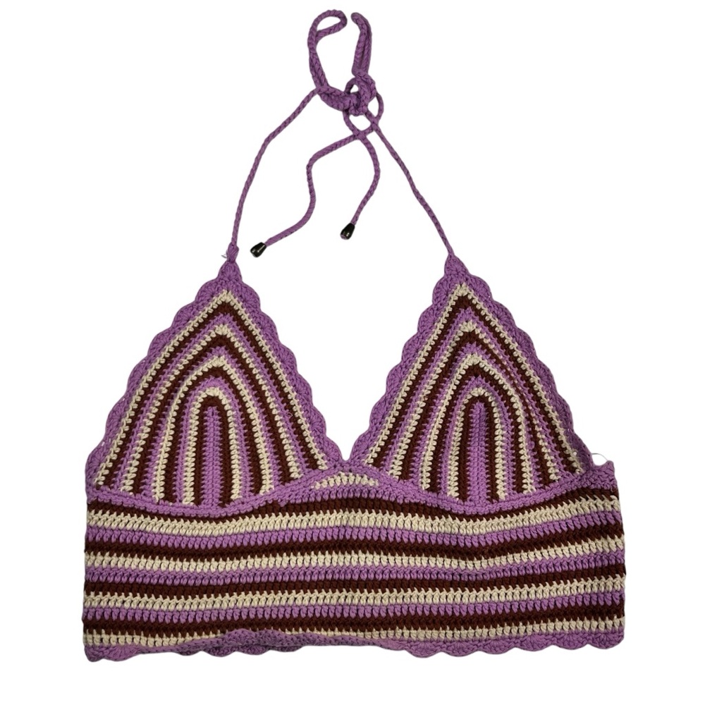 ASTR The Label Crochet Knit Corset Back Halter Tie Cropped Tank Top Medium M